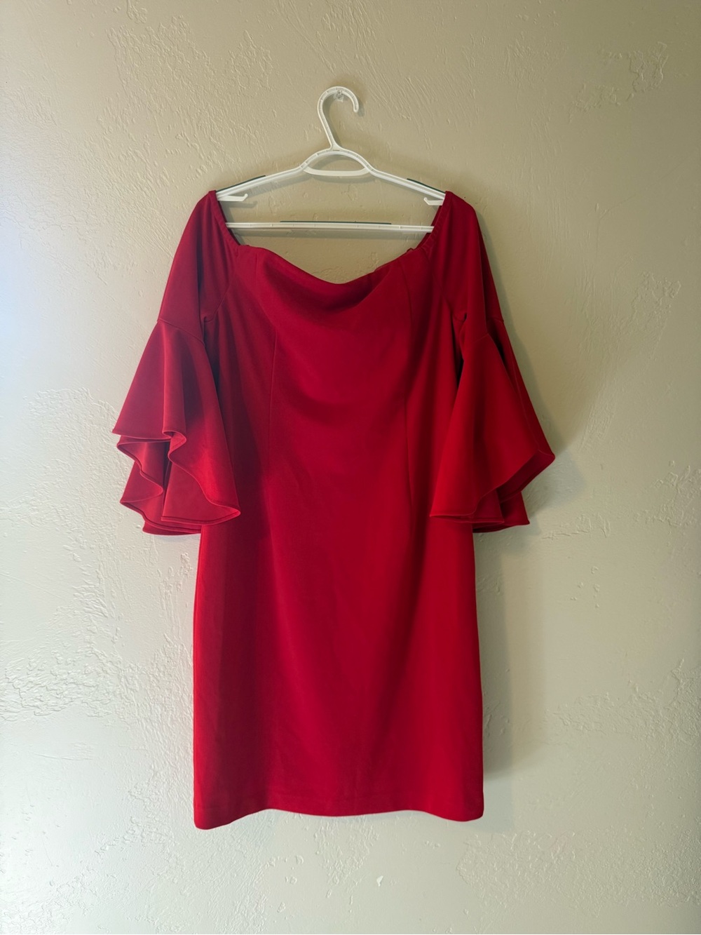Calvin Klein Scarlet One-Shoulder Ruffle Sleeve Dress